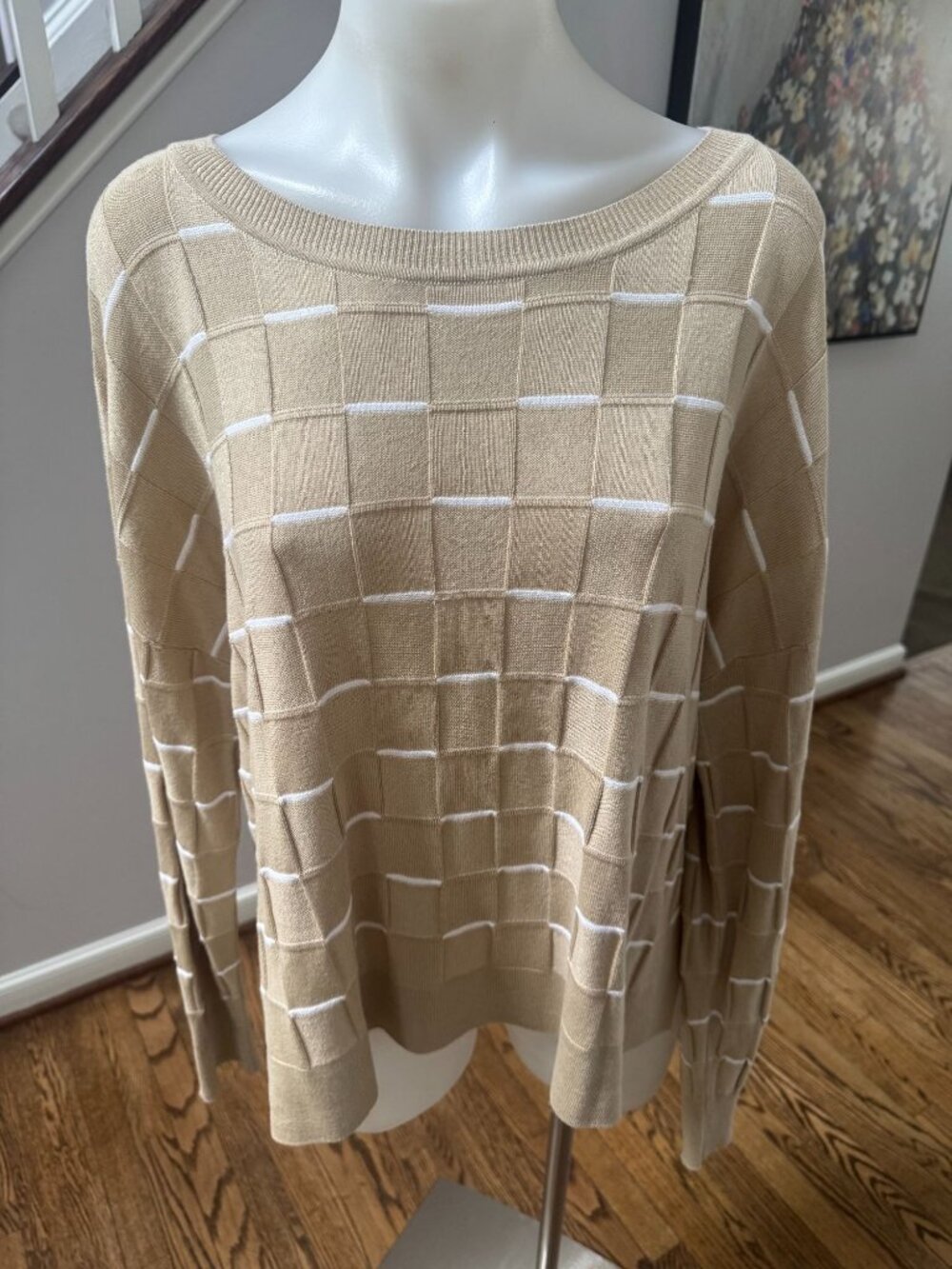 PLANET by Lauren G Pima Cotton Boxes Woven Crewneck Sweater Brown
